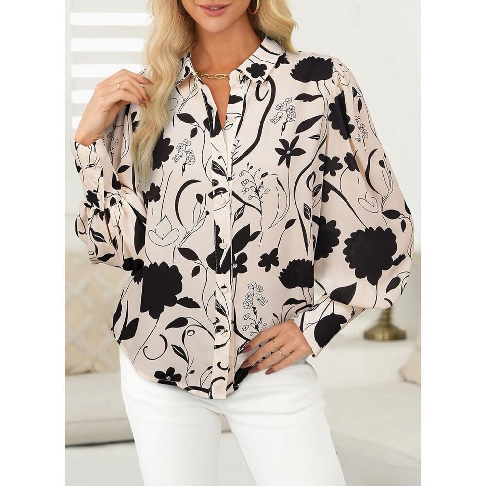Women's Long Sleeve Button Down Blouse Polyester Floral Plus Size - Picture 4 of 6